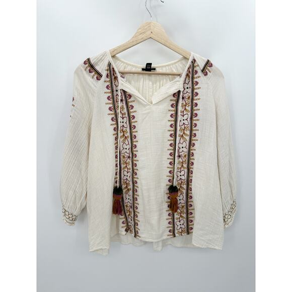 ANA A New Approach Top Women LARGE Cream Long Sleeve Floral Tassel Tie - Picture 8 of 8